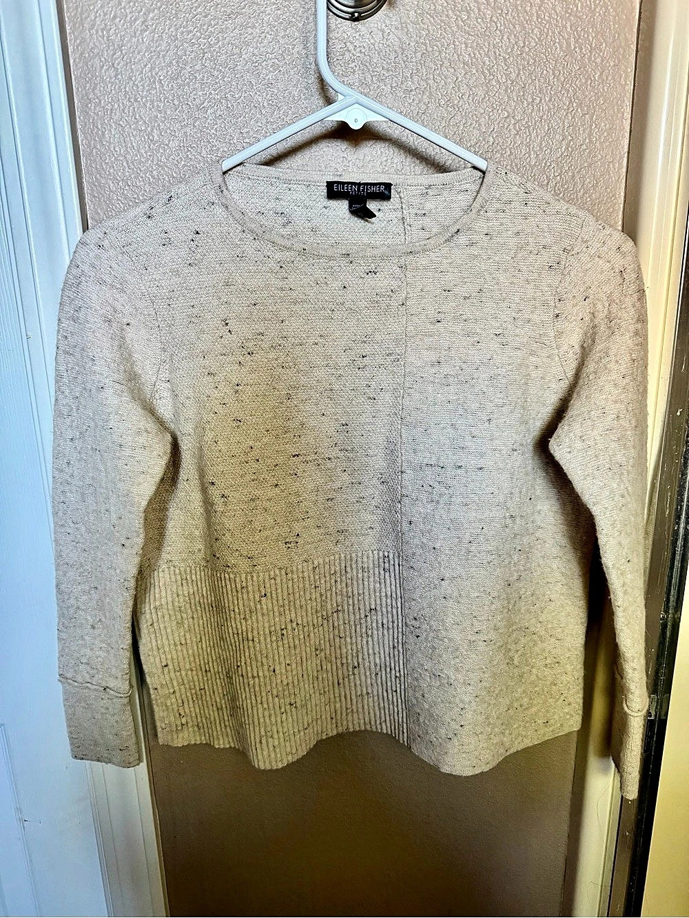 Eileen Fisher Petite Speckled Knit Sweater Cream Crew Neck Organic Cotton Small